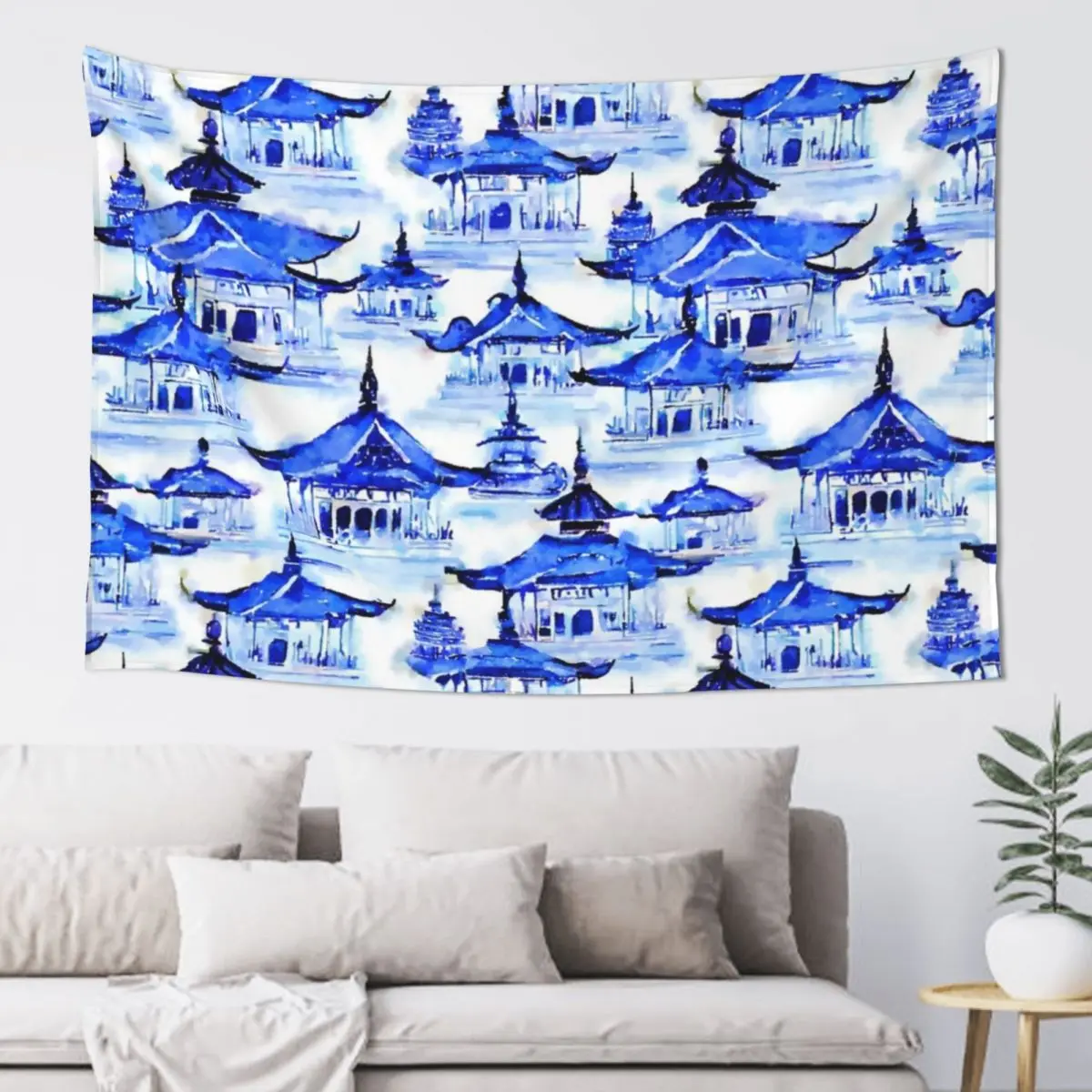 

Blue and white chinoiserie pagodas Tapestry Korean Room Decor Aesthetic Room Decor Room Ornaments Tapestry