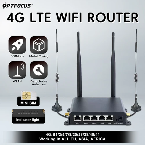Enrutador WIFI OPTFOCUS LTE 4G 300Mbps 4 antenas desmontables enrutador inalámbrico 1WAN 4LAN ranura para tarjeta USIM enrutador Wifi Industrial