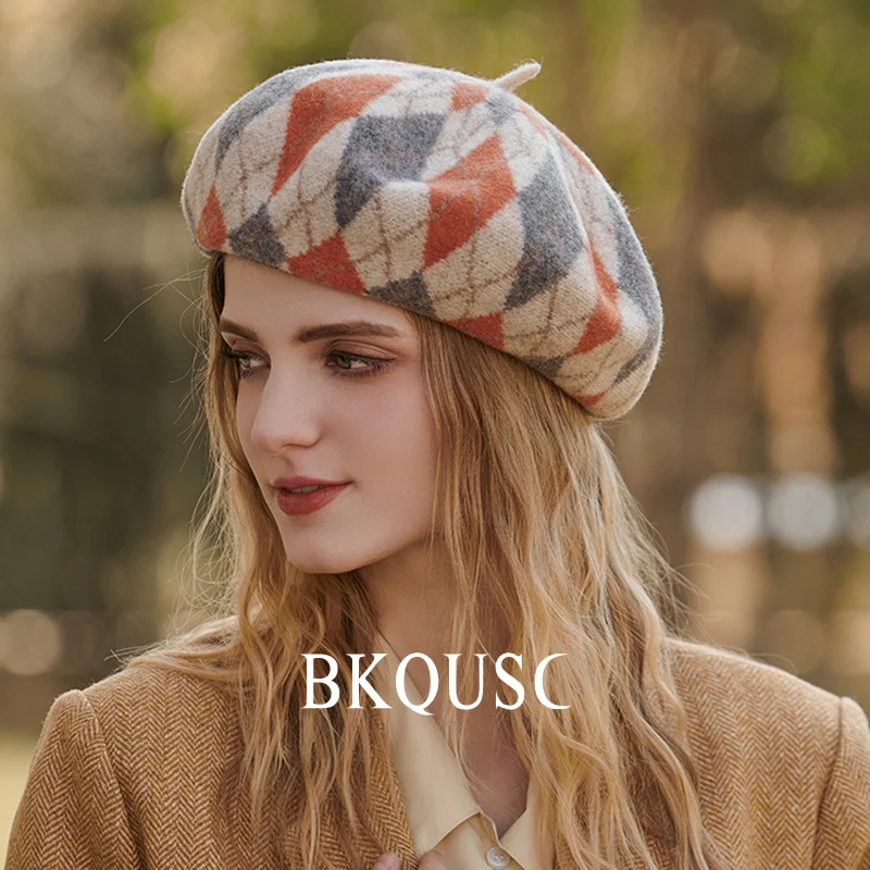 Pure Wool Orange Check Women's Beret Elegant Classic Prismatic Wool Pumpkin Berets Lady Artist Winter Warm Vintage Cashmere Caps