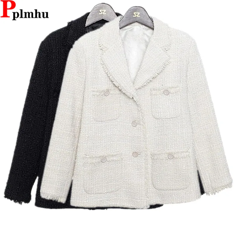 

Slim Tweed Tassel Lapel Blazer Jackets Formal Woolen Casual Jaqueta Casaco Single Breasted Suit Chaquetas Women Vintage Vestes