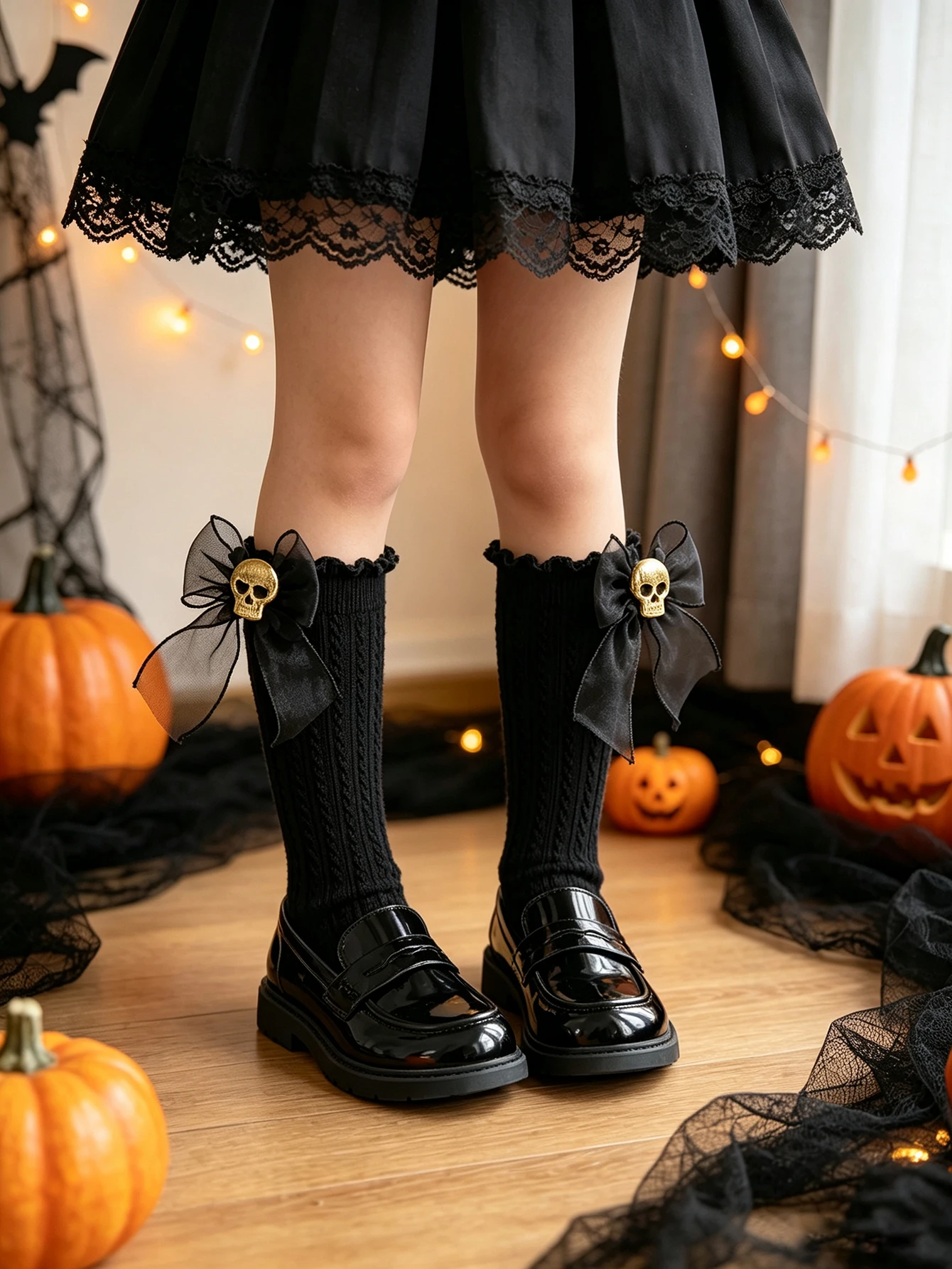 1Pair Skull Bow Ruffle Edge Girls Halloween Knee‑High Socks Cable Knit Kids Socks Gothic For Cosplay Theme Party Festival Outfit