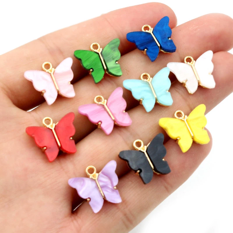 10pcs 14x16mm Acrylic Butterfly Charms Pendant Alloy Metal Back For Necklace Bracelet DIY Jewelry Making Accessories Findings