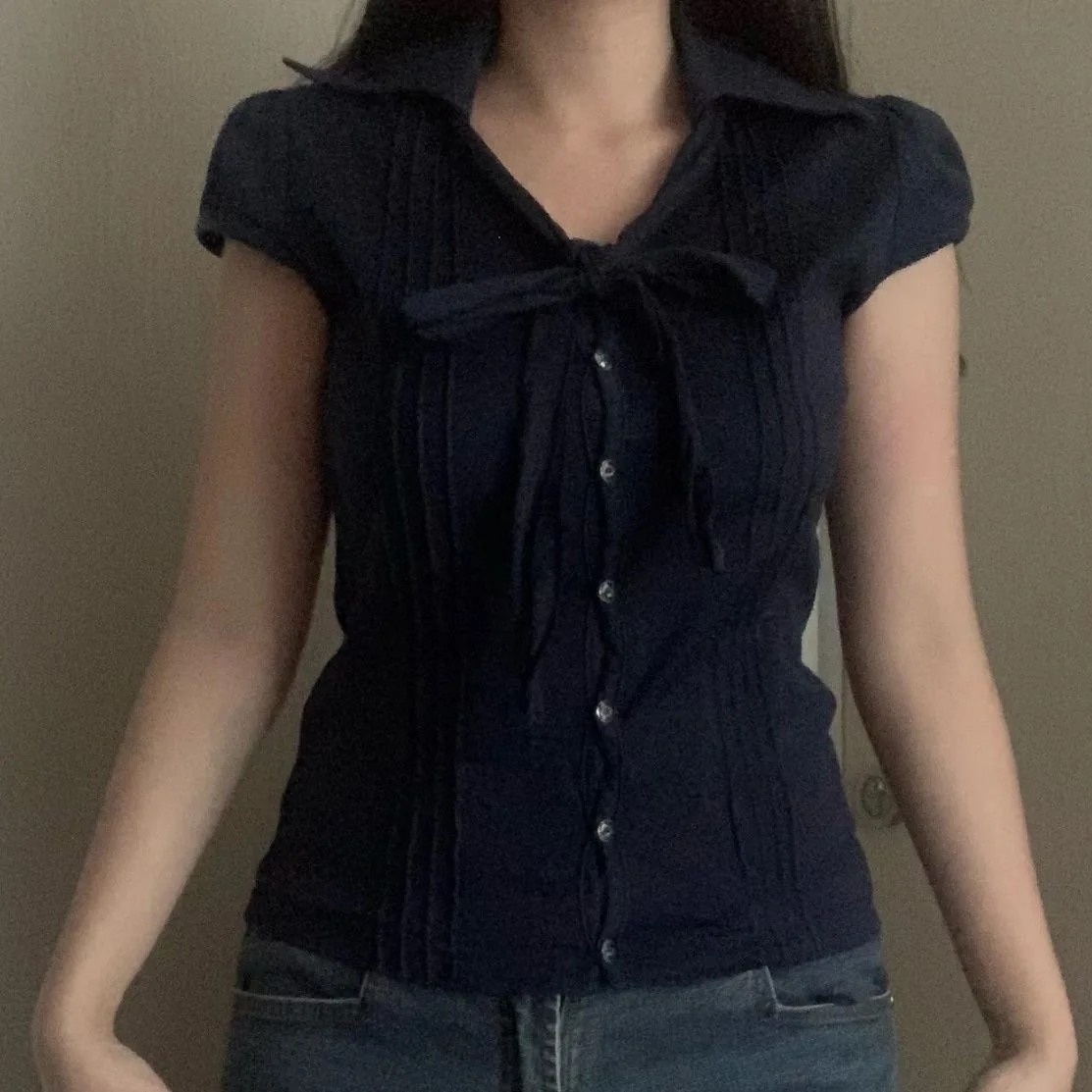 Kimotimo Bow Bandage Short Sleeve Shirt Women Japanese Y2k Aesthetic Slim Button Up Tops Vintage Simple Solid Versatile Blouse