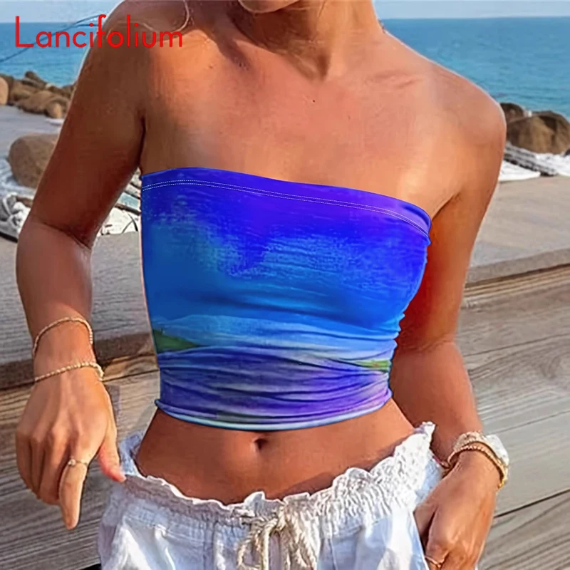 2025 Summer Sweet Cool Corset Crop Top Tank Women Off Shoulder Gradient Tie Dye  PrintedTtube Bustier Chest Wrap Street 90S Tops