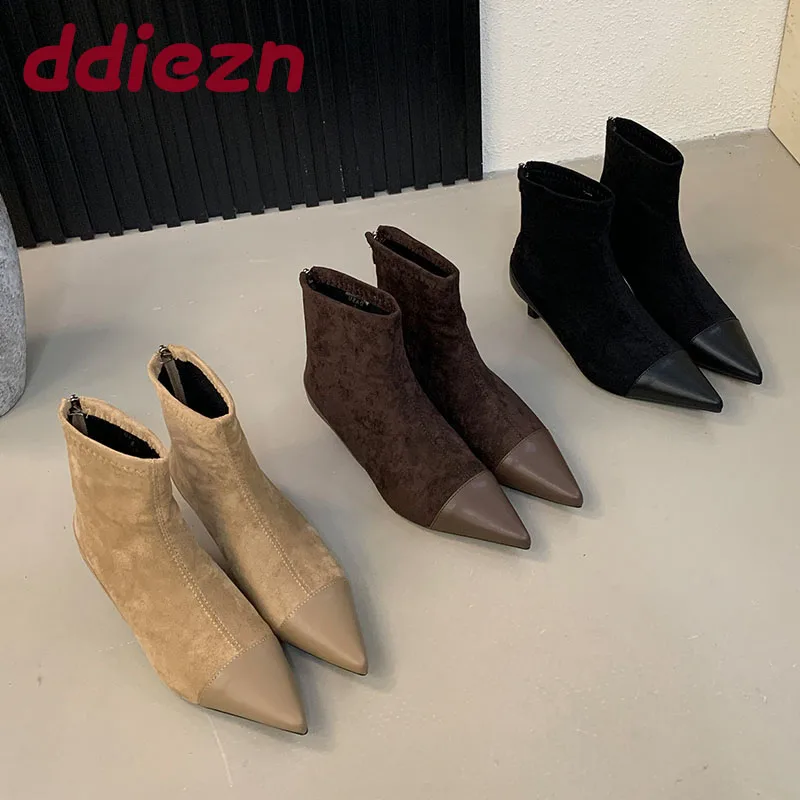 

Женские современные женские ботильоны с острым носком и туфли на низком каблуке, модные женские короткие ботинки из флока, обувь на молнии, туфли-лодочки