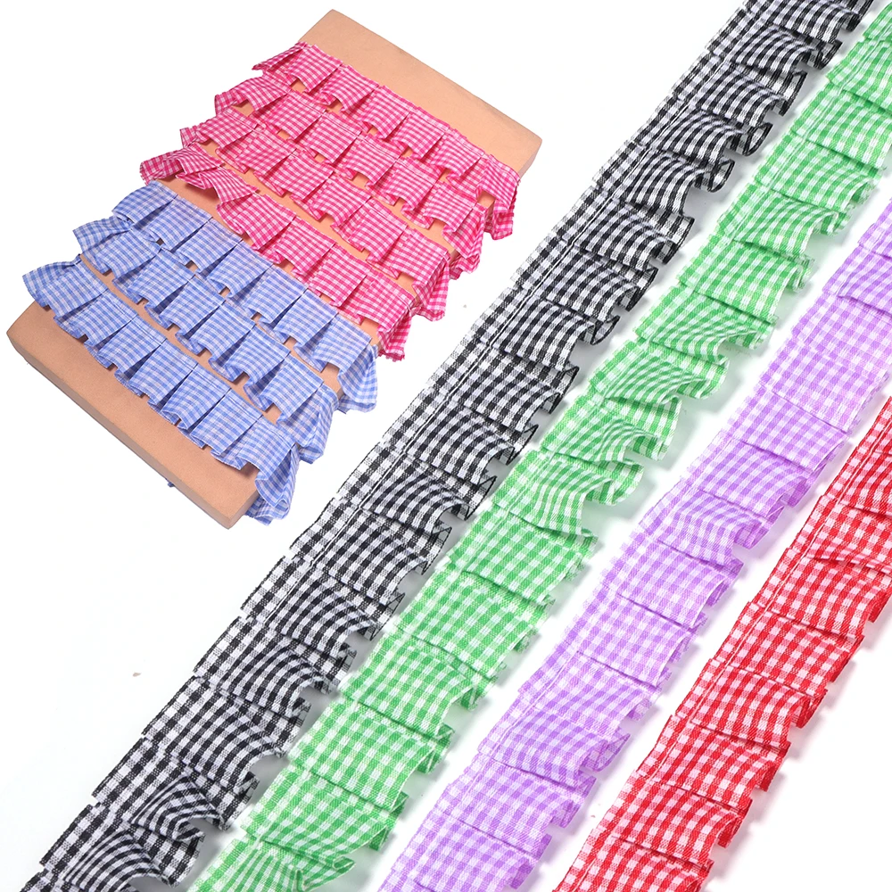 5yards 2.5cm Polyester Gingham Ruffled Lace Trim Plaid Ribbon DIY Clothing Decoration Sewing Doll Dress Skirt Hair Bow Supplies