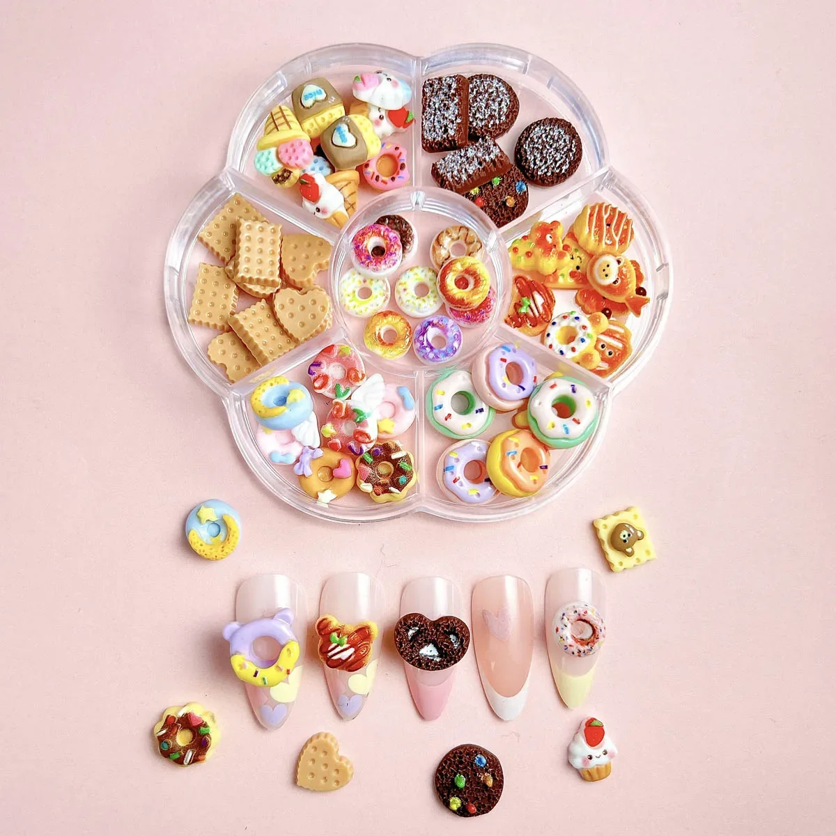 1 caixa misturada bonito simulado sobremesa doces borboleta decorações da arte do prego resina 3d dos desenhos animados gato peixe urso encantos do prego suprimentos