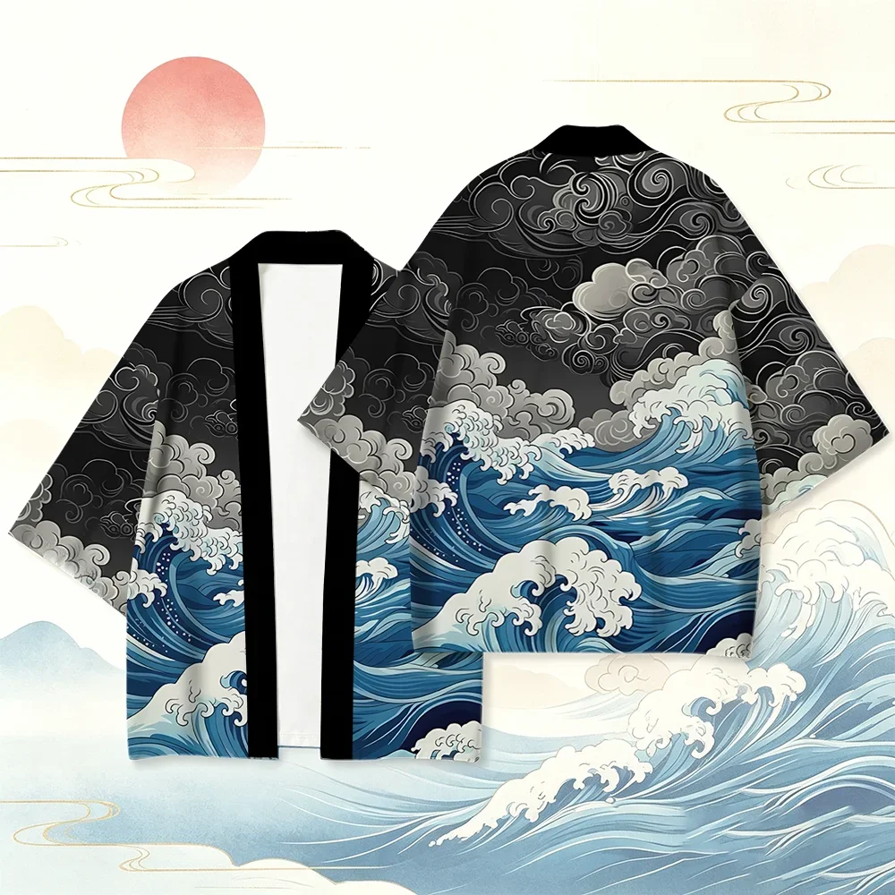 Men Ukiyo-e Shirt Short Sleeve Wave Mountain Sakura Casual Comfortable 3D Printed Novelty Trendy Fashion New Stylish Cardigan