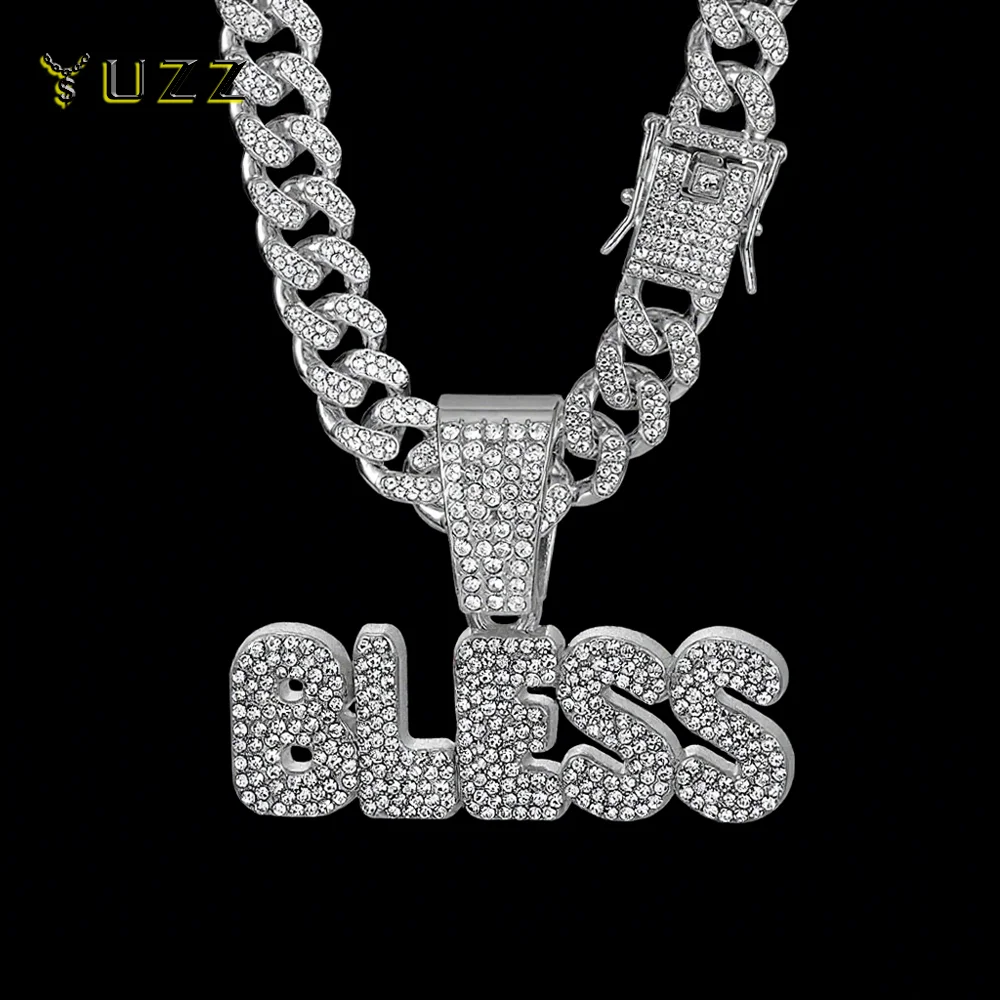 Hip Hop Letter BLESS Pendant Necklace for Women Men Shiny Rhinestones 13MM Cuban Chain Crystal Necklaces Fashion Jewelry Gifts
