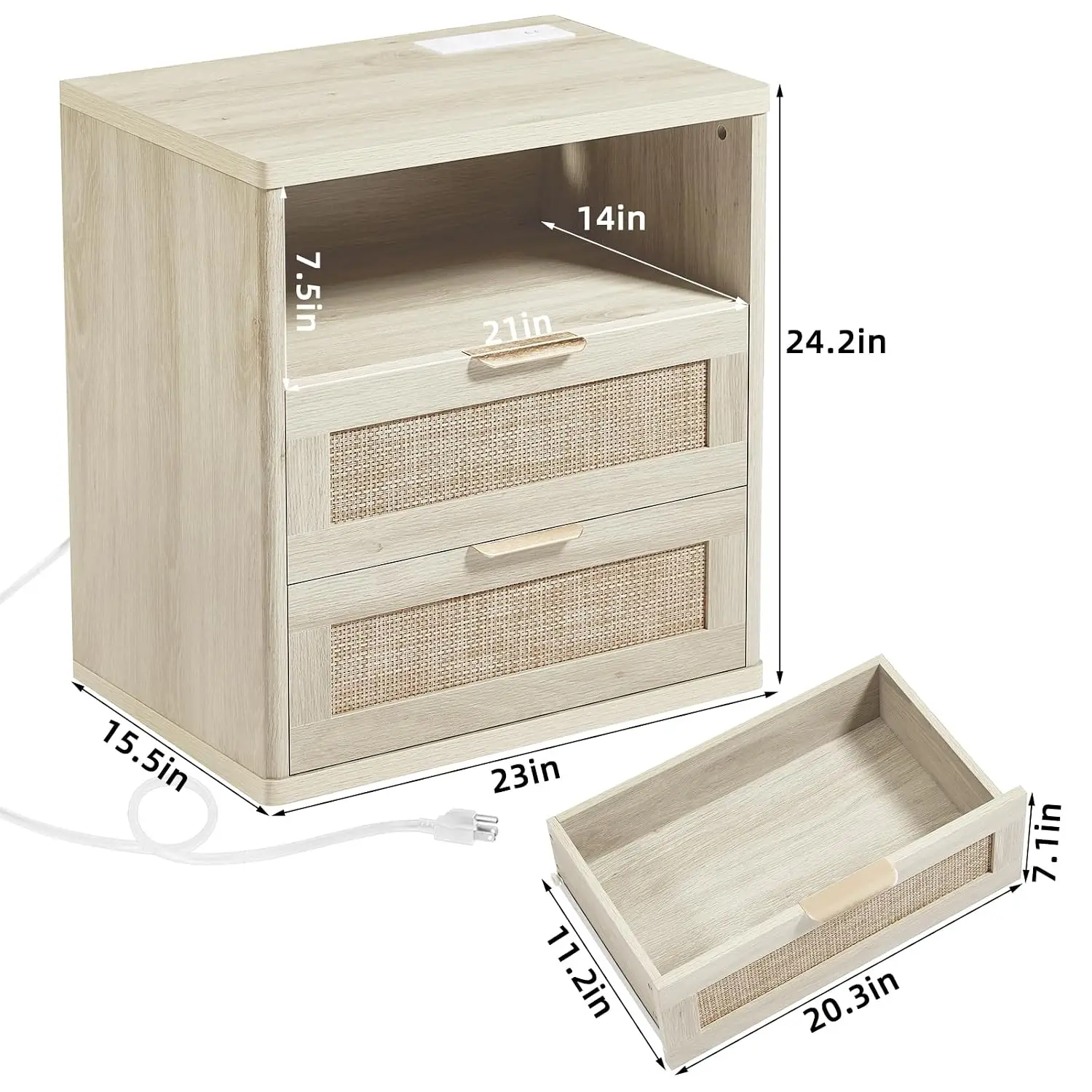 Rattan Nightstand Set Of 2 With Charging Station, Boho Bedside Table With 2 Drawers & Open Storage, Bedroom Hallway, Customized