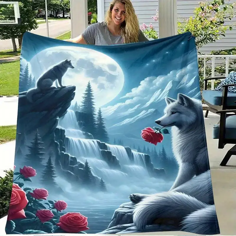 

Mystical Moonlit Wolf & Rose Throw Blanket, Soft Cozy Flannel Blanket for Couch Sofa Bed, Fantasy & Nature Lover Gift