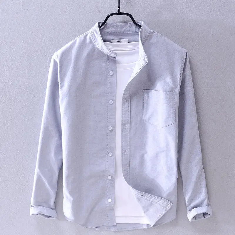 Spring Autumn New Solid Color Fashion Stand Collar Shirt Man High Street Casual Loose Button Long Sleeve Pure Cotton Cardigan