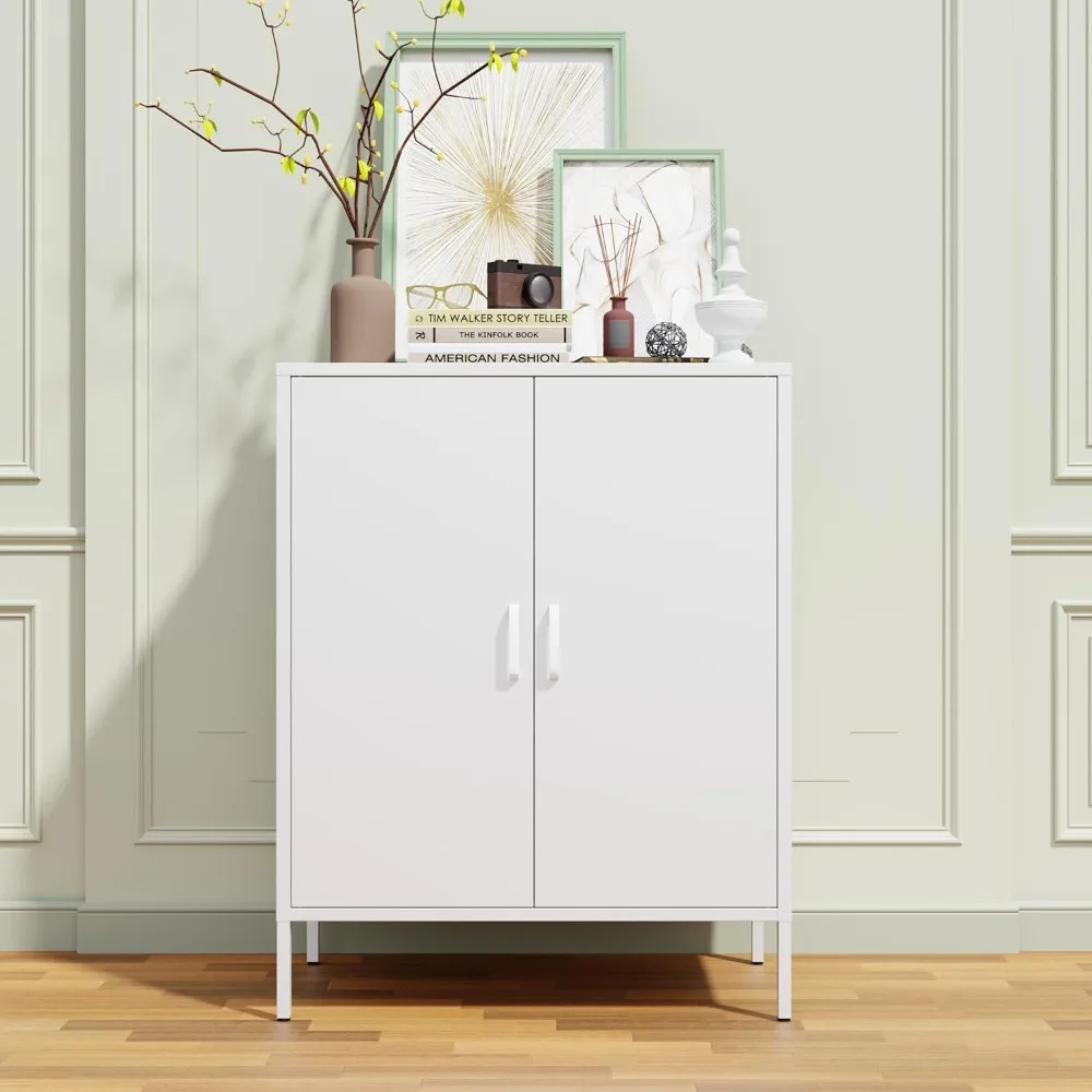 White Metal Storage Cabinet,Metal Locker Storage Cabinet with 2 Doors and Shelves,Kitchen Pantry Cabinet,Modern Storage