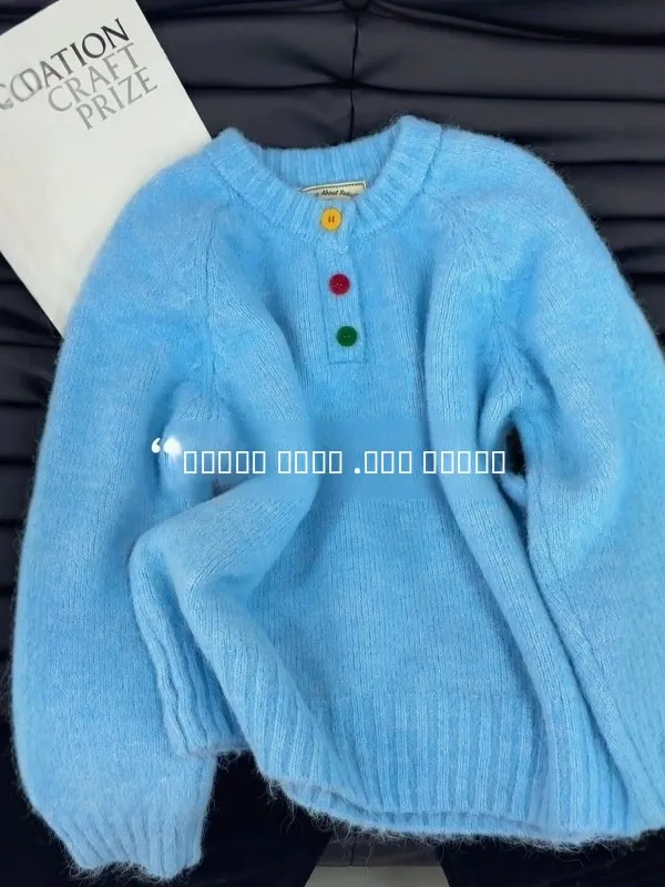 

Soft Blue Knitted Sweater Women's Loose Sle Autumn Winter Faion Comfortable Warm High Quali Long Sve round Ne Top
