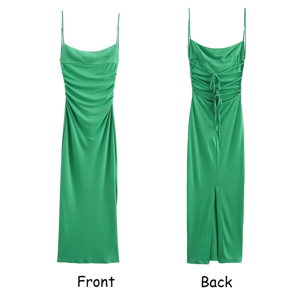 TRAF ZR Vintage Ruched Sexy Dress with Self Straps Tied Back Summer Vacation Ankle-length Slip Dress Back Long Split Robe Femme