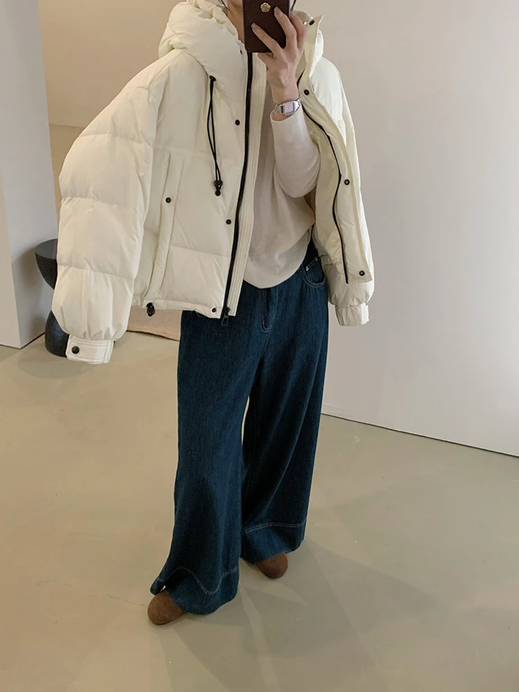 겨울 숏 후드 드로스트링 다운 재킷 여성 화이트 덕다운 루즈핏 파카 다운 재킷 여성 솔리드 지퍼 따뜻한 브레드 아우터