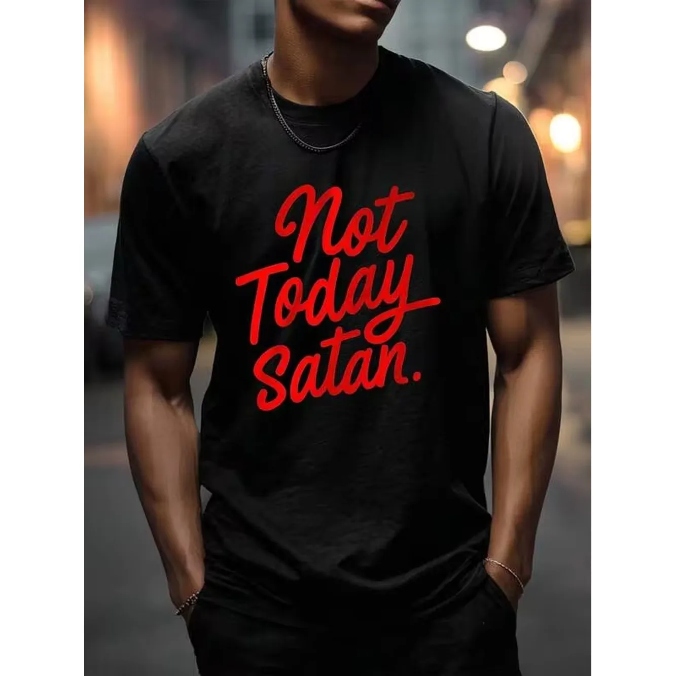 Not Today Satan Quote Graphic Print Men Black T Shirt, Crew Neck Medium Stretch Knit Cotton Regular Fit Casual Short Sleeve Tee Top For Men Boys