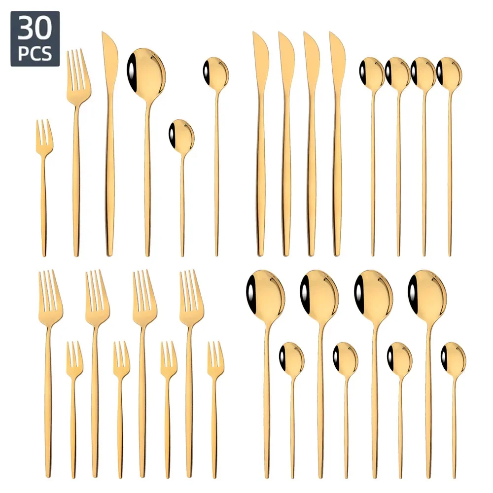 

30Pcs Cutlery Set Gold Tableware Stainless Steel Mirror Dinnerware Dinner Tea Spoon Fork Knife Western Silverware Flatware Set