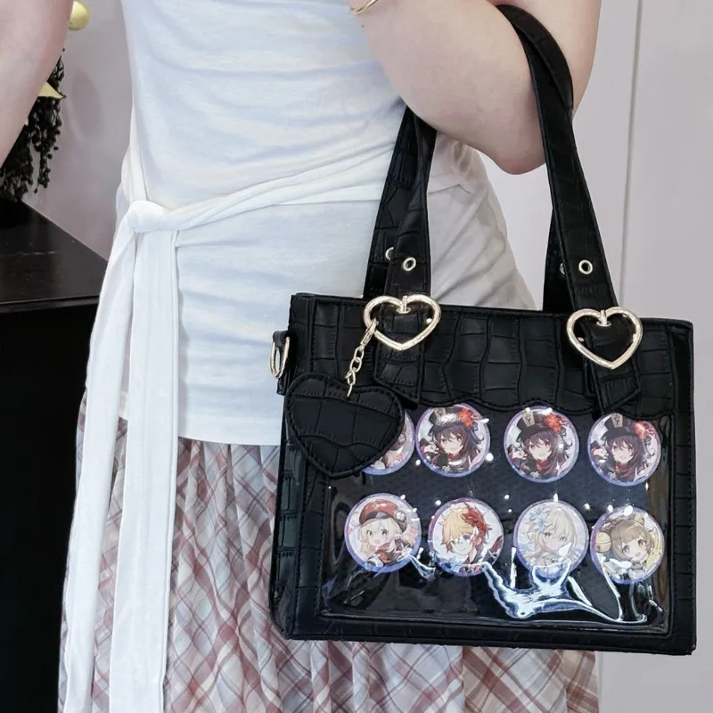 

Y2K Japan New Versatile PU Crocodile Pattern Transparent Bar Love Handheld Diagonal Cross Bag Commute Large Appetite Itabag New