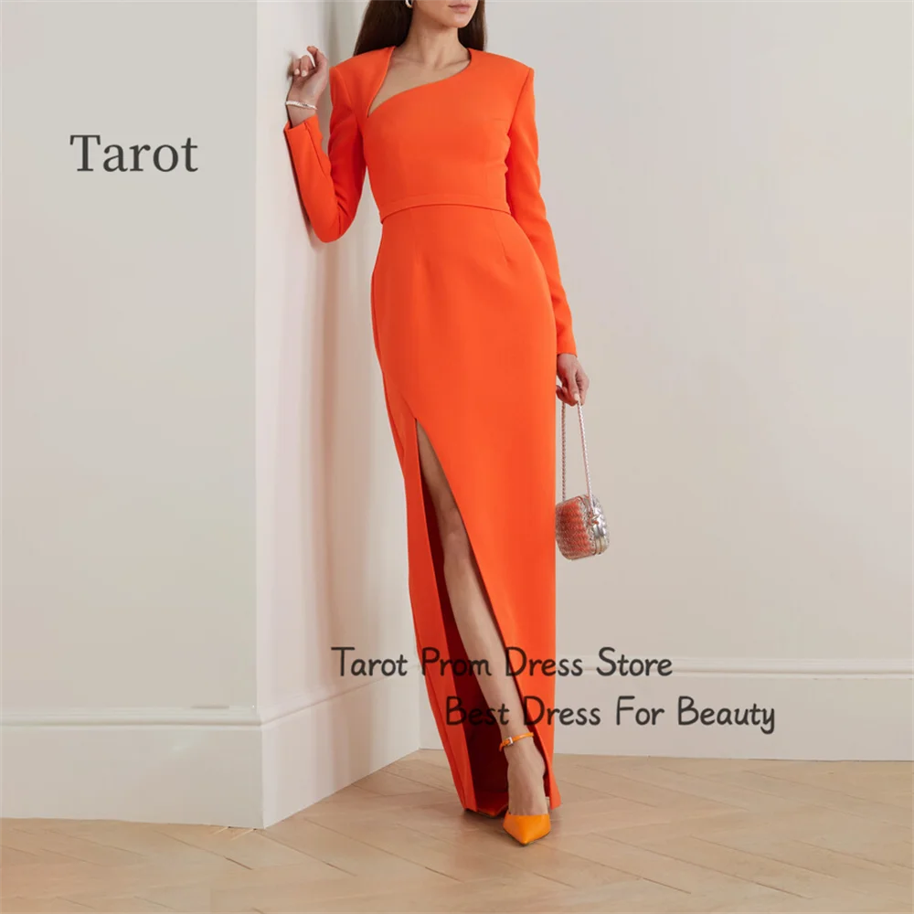 

Tarot Sheath Ruffles Dubai Evening Dresses Unique Neckline Long Sleeves Simple Prom Dress Newest Floor Length robes de soirée