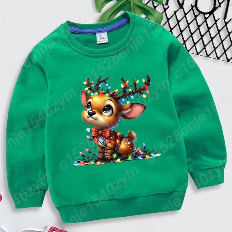 Christmas Light Reindeer Print Pullovers Autumn And Winter Kids Boys Girls Long Sleeves Sweatshirt Plus Size Hoodless Sweatshirt