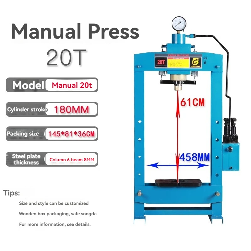 Manual 20T Hydraulic Press Bearing Gantry Forging Press Double Pressure Pump Stamping Press Die Hydraulic