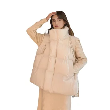 2024 winter women's vest cotton jacket women's high collar thick warm sleeveless jacket women's pure color coats women's clothing