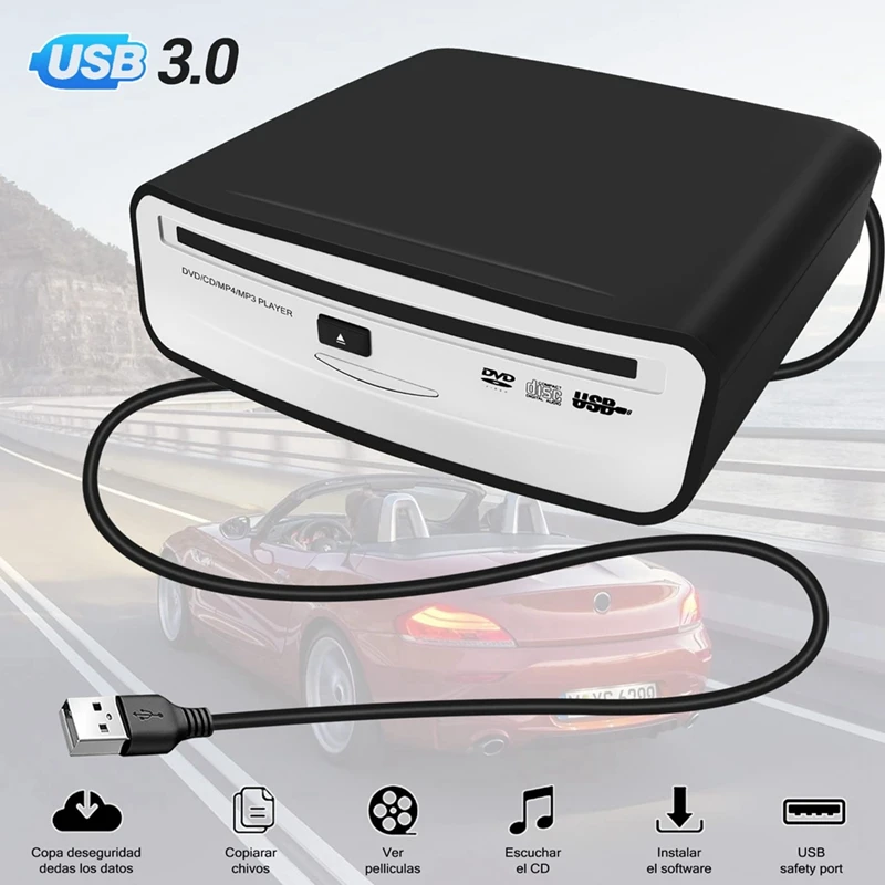 Universal Portable Car External CD Player, Plugs Into Car USB Port, Laptop, TV For Android 4.0 And Above Navigation