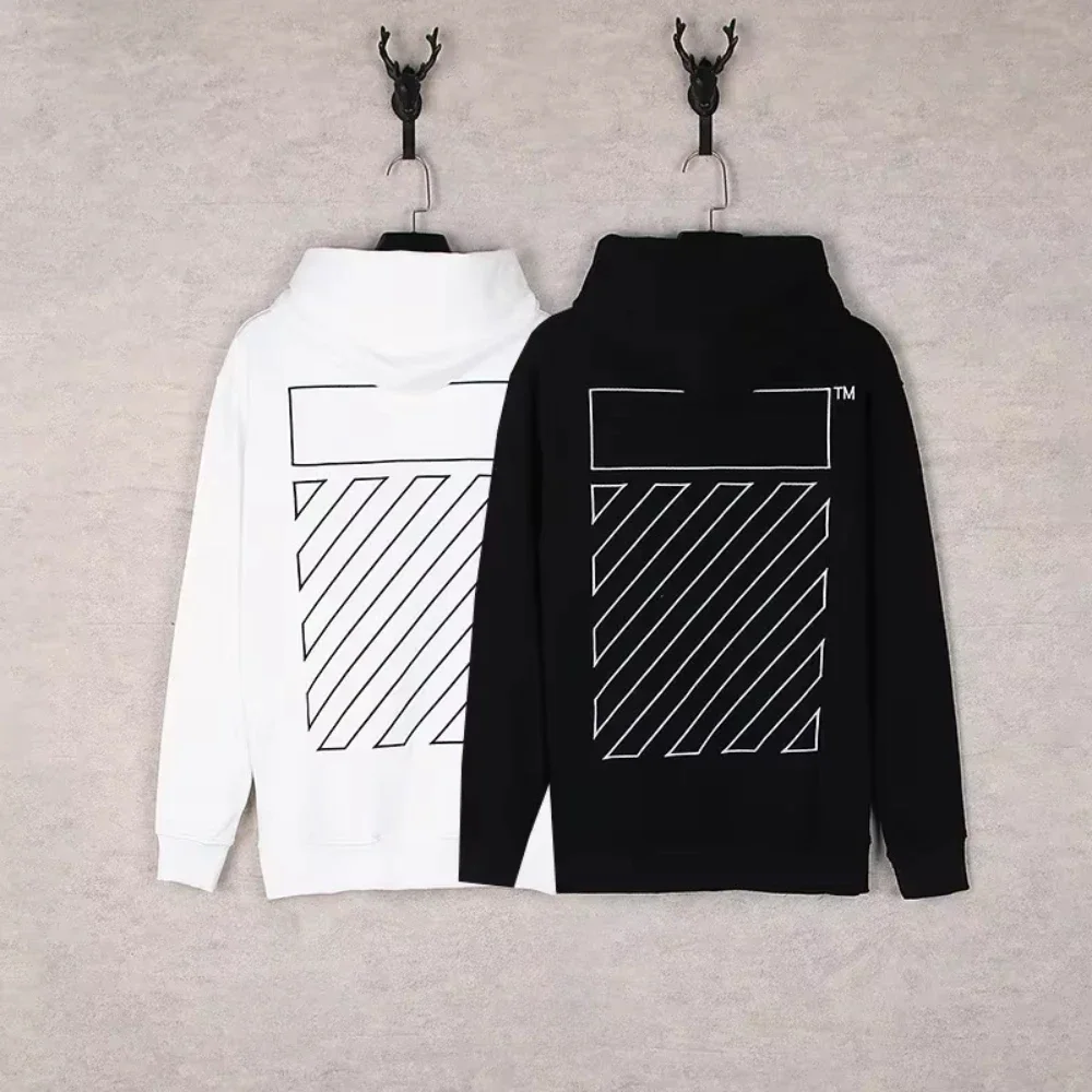 

2025 Autumn/Winter New Version OW Large Print Zebra Line with Cap Sweatshirt for Men's and Women's Casual Hip Hop Style