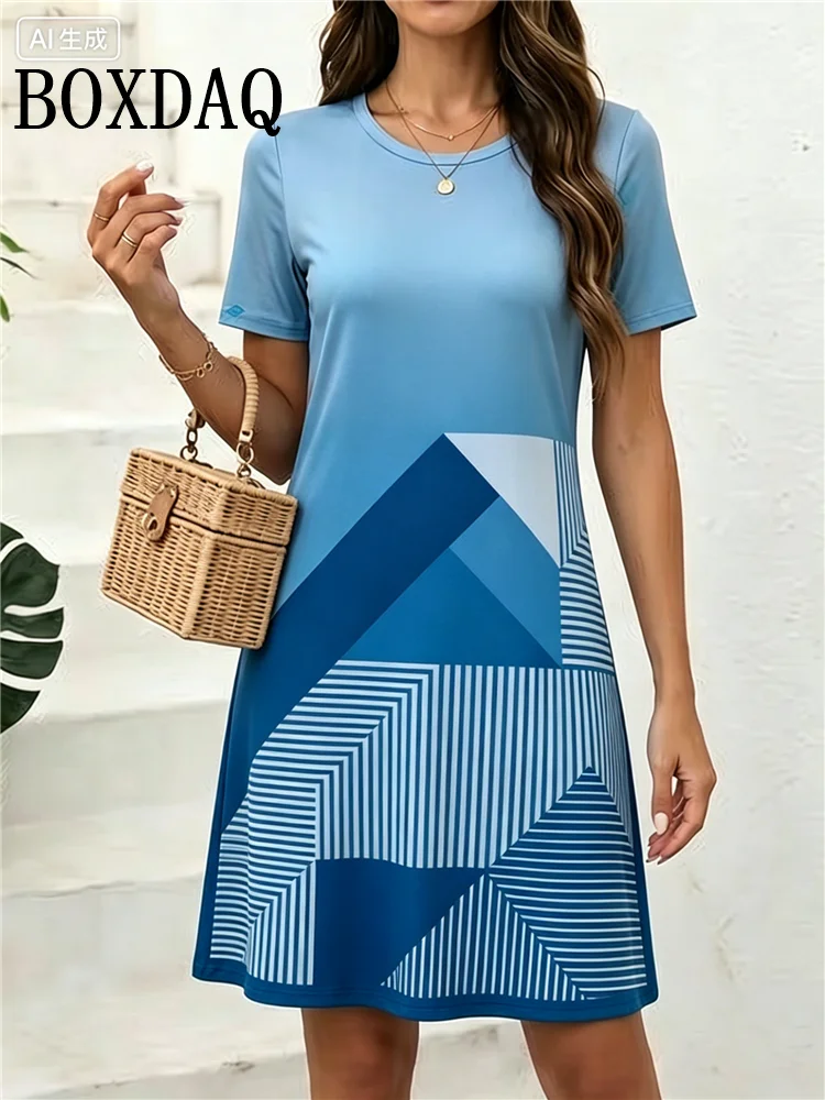 2026 Summer New Women's Dresses 3D Striped Geometry Simple Printed Short Sleeve Dress Casual Fashion Plus Size Woman's Clothing