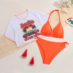 Girls 3pack Orange High Waist Bikini Kids Swimsuit with Short Sleeve Top 13-16 Years Children's Swimwear 2025 Teens Bathing Suit
