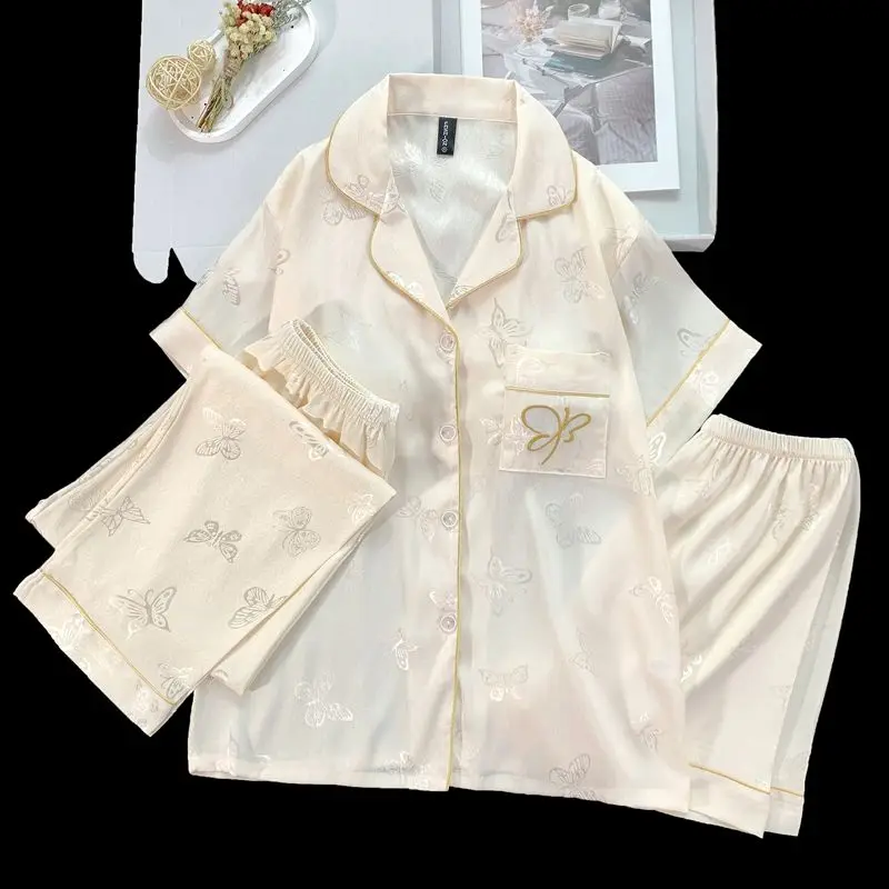 

Летний комплект пижамы из 3 предметов: шелковые атласные шорты, футболка с коротким рукавом и длинные брюки для женщин, корейская домашняя одежда, пижама, домашняя одежда для женщин