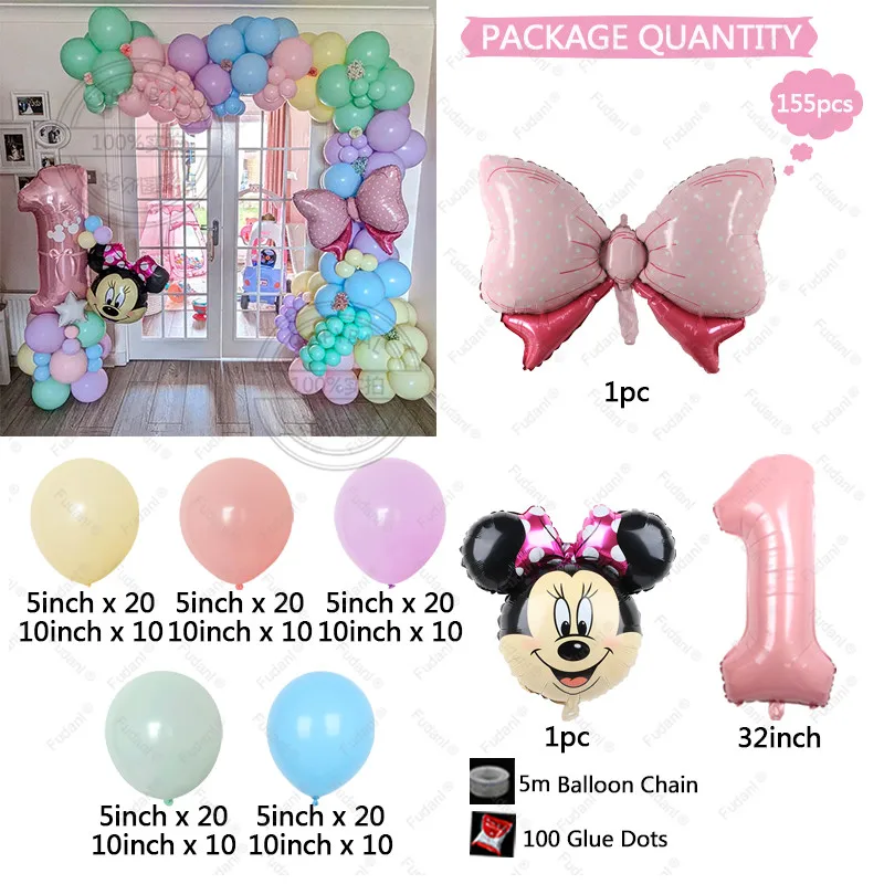 155pcs Disney Minnie Theme Balloons Arch Garland Kit Maca Pastel Balloon 1 2 3 4 5 6 7 8 9 Kids Girls Birthday Party Decorations