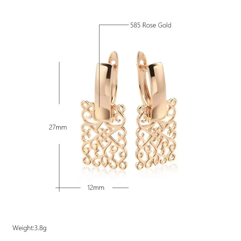 Vintage Square Hollow Texture 585 Rose Gold Color Earrings Fashion Party Wedding Jewelry Women Dangle Earrings Accessories