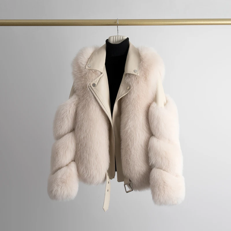 Winter New Style Aviator Fashion Fox Fur Jacket Woman Genuine Leather Natural Fur Coat with belt