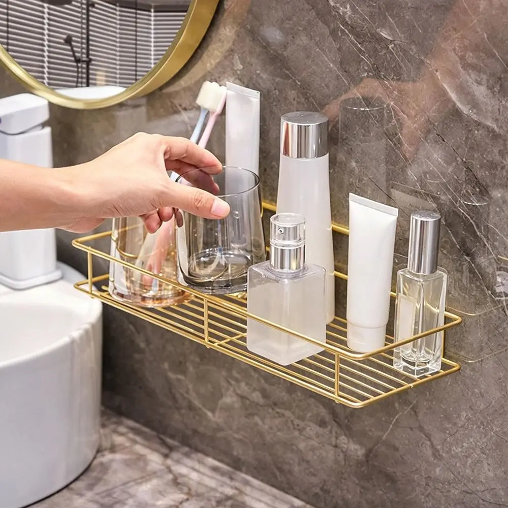Metal Bathroom Storage Rack Wall Mounted Multi Functional Cosmetic Storage Shelf Space Saving Hole-Free Shower Corner Rack