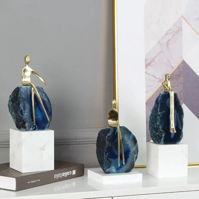 Natural Crystal Agate Crafts Ornaments Marble Base Brass Abstract Figures Sculpture Desk Decoration Creative Character Statue