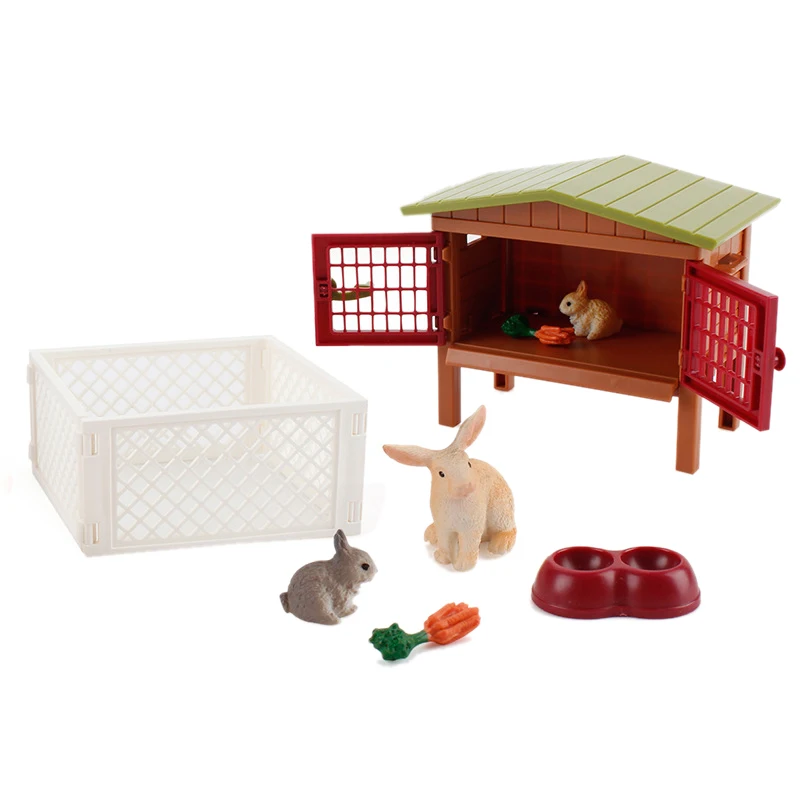 Kids Educational Toys Set DIY Simulation Farm Ranch Scene Model Solid PVC Rabbit Rooster Hen Children's DAY Gift(B)