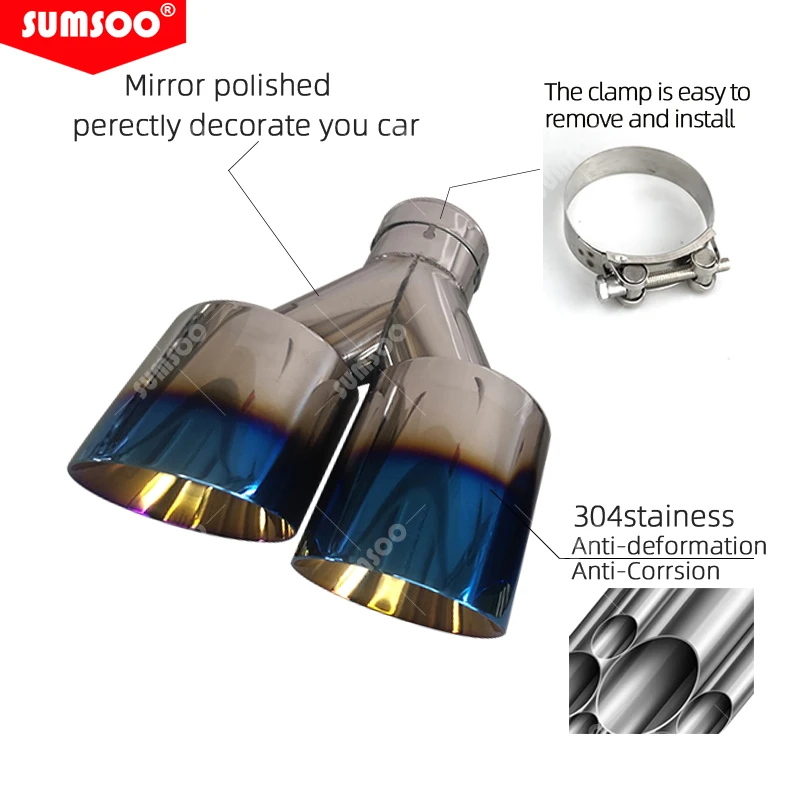 Genuine SUMSOO 1PCS  Car Universal Exhaust Double Head Stainless Steel Tailpipe for Retrofit Muffler Nozzle burnt blue