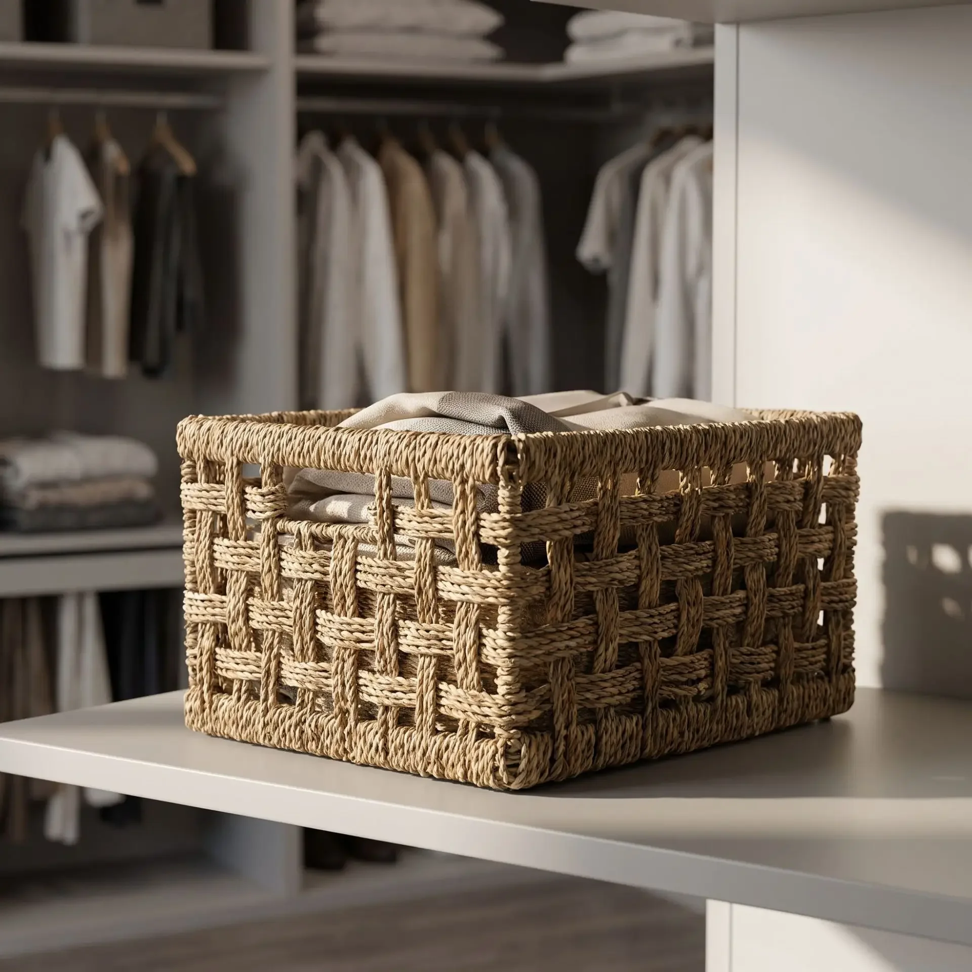 Handwoven Natural Seagrass Storage Basket Hollow‑out Wicker Organizer Bin for Shelf Cabinet Living Room Kitchen Farmhouse Decor