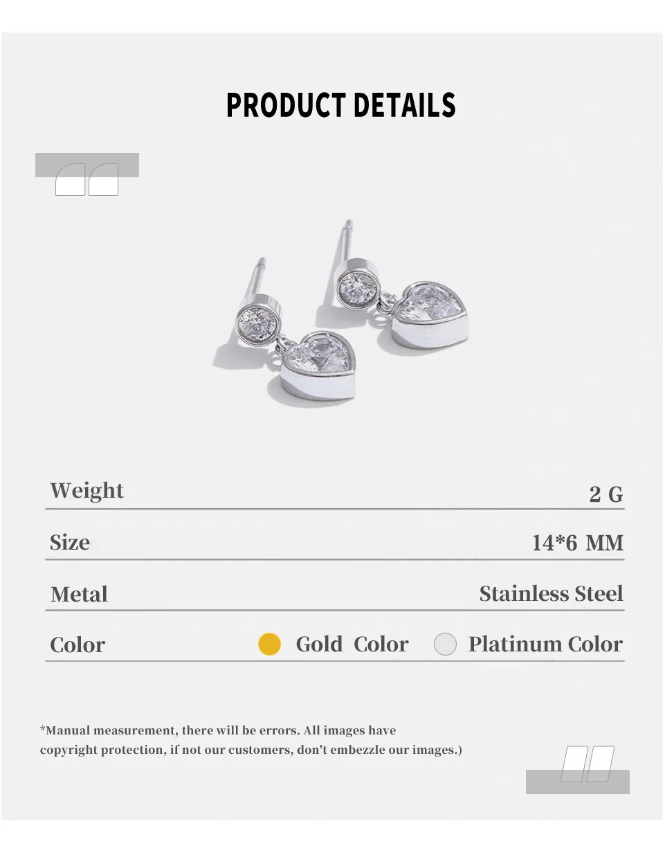 NiNice Earrings Stainless Steel Cubic Zirconia Pendant Heart-shaped Romantic Fashionable Selection Jewelry Gift