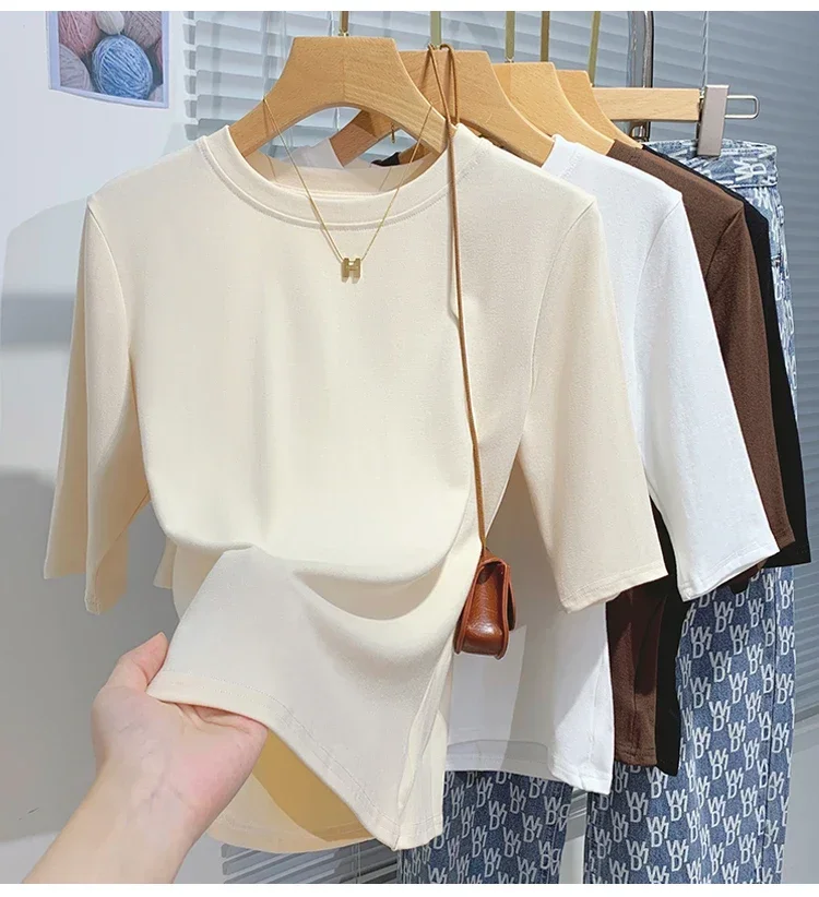 zjaiss 2026 Frühling Herbst Baumwolle Damen T-Shirt Modisches Basic Rundhals-Shirt Einfarbiges Damen Kurzarm-Oberteil – Detail 5