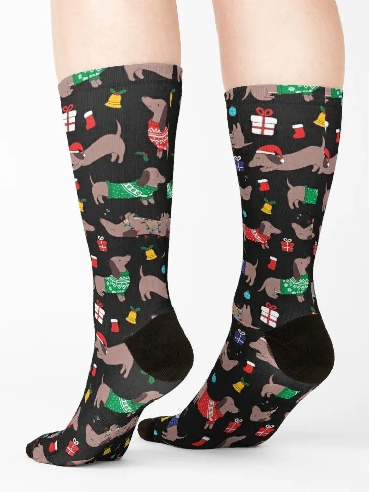 Christmas Sweater Dachshund Dog on Black Socks Hiking boots funny sock socks cotton Mens Socks Women\'s