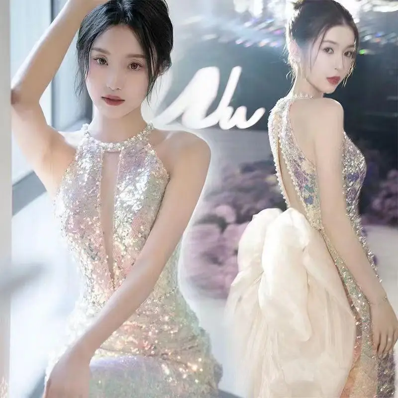 Fishtail Skirt New backless sexy sequined bowknot training tail lady girl women prom evening dress performance dancer gown