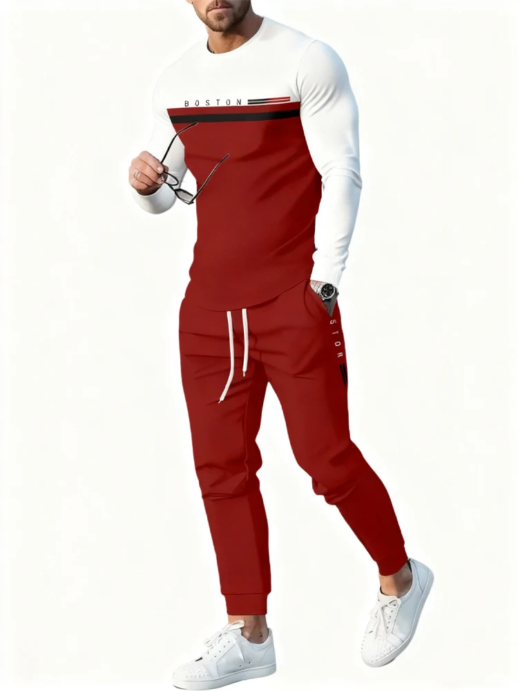 

New Men's Spring And Autumn 2-piece 3D Letter Print Sets Men's Everyday Casual Long Sleeve T-shirt And Street Fashion Long Pants