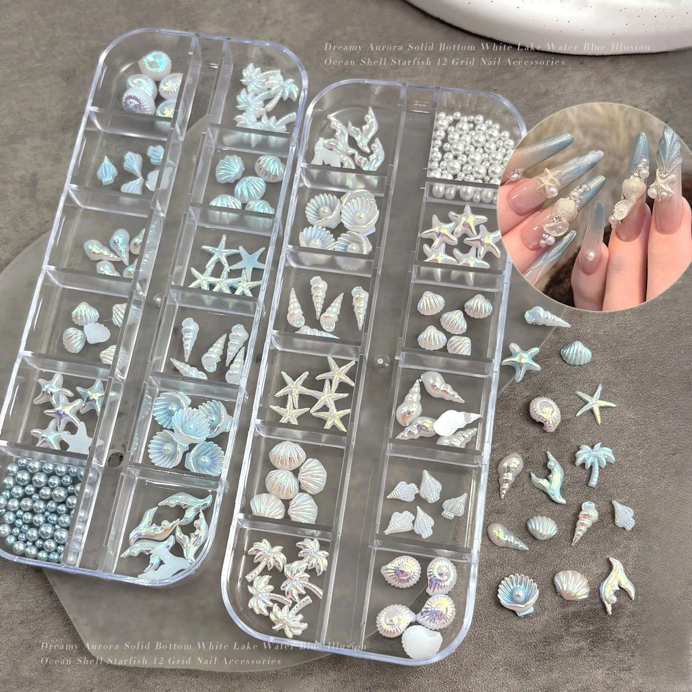 12 Grids Ocean Series Nail Art Decorations Set Starfish Shell Conch Coconut Tree Aurora DIY Press on Nail Accessories for Women