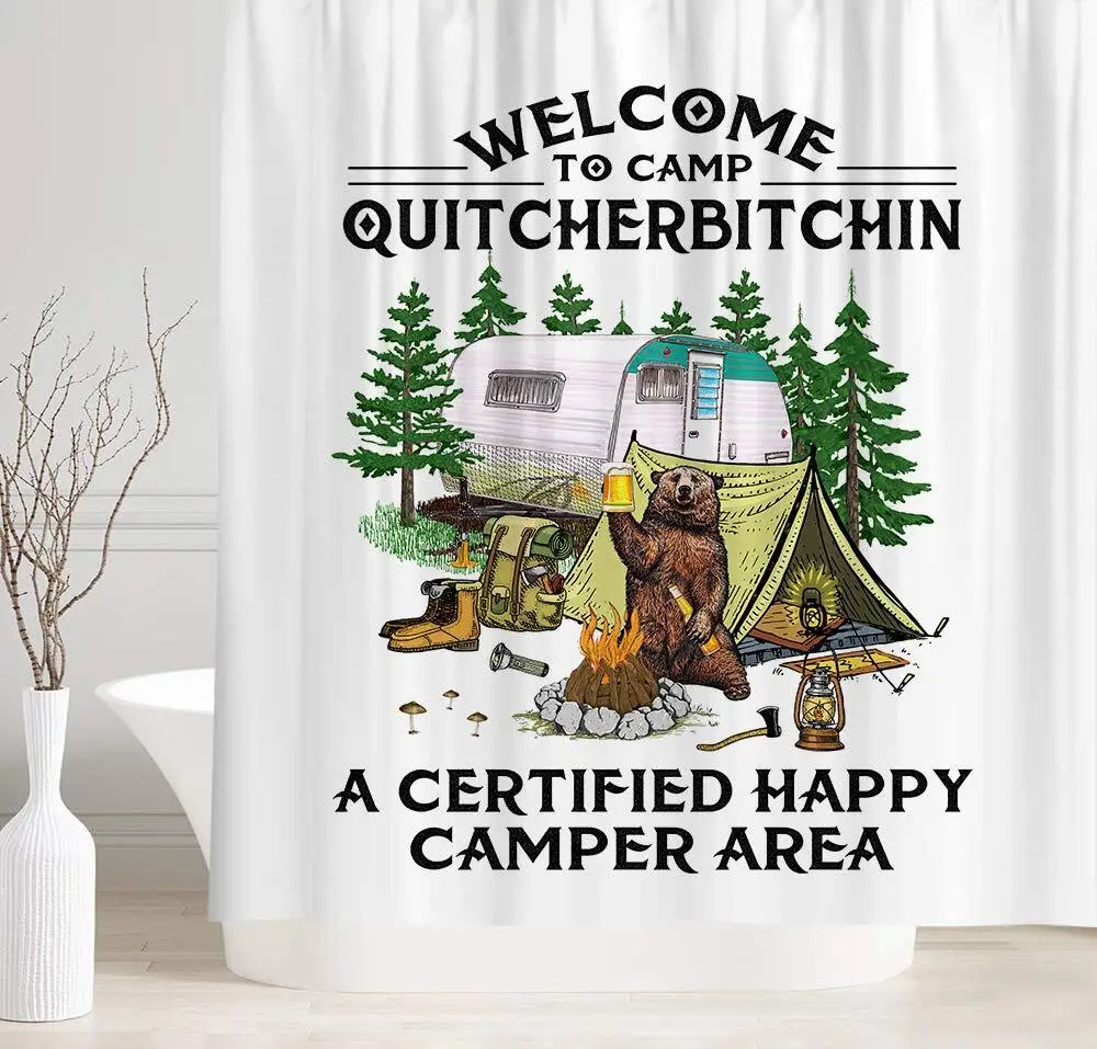 

Funny Camping Bear Shower Curtain Welcome to Camp Happy Camper Area Machine Washable All Season Waterproof Privacy Protection