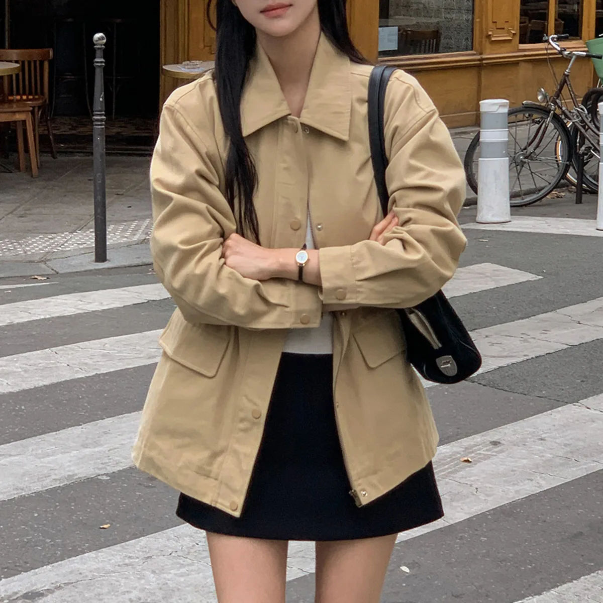 KWTX سترة نسائية غير رسمية بلون واحد معطف 2025 جديد ريترو سستة جيوب مربوط التلبيب أنيقة قسط الخريف الشتاء ملابس خارجية