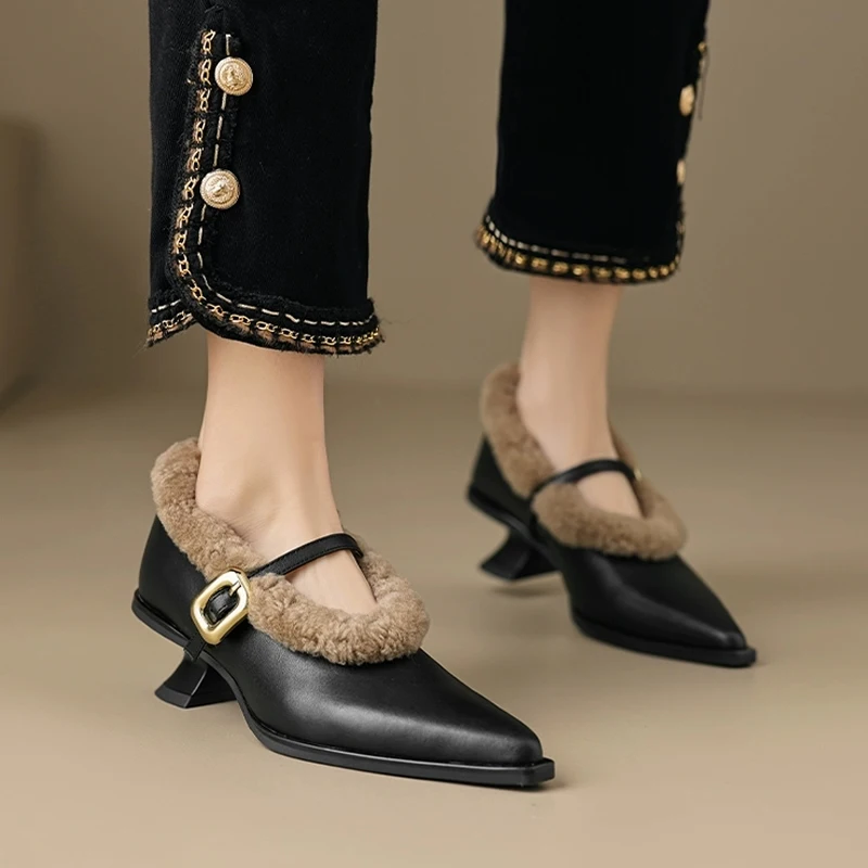 

Elegant Metal Buckle Mary Janes Woman Chic Brand Design Fur Women Low Heel Dress Shoes Ladies Winter Warm Plush Belt Pump Zapato