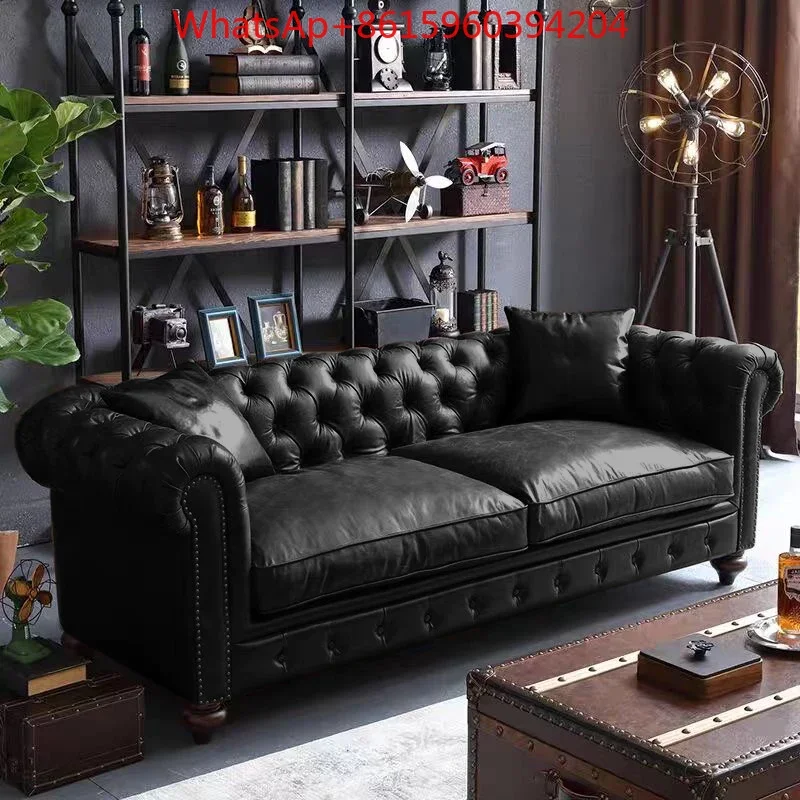 American retro buckle sofa leather sofa oil wax leather hotel clubhouse high-end leather art reception double triple sofa